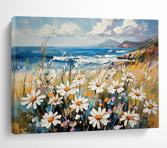 “Seaside Daisies” - Soft Whites, Yellows, Blues, Daisies by the Ocean - Impasto Oil Painting HB1747