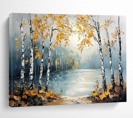 “Autumn Birch Lake” - Yellows, Blues, Whites, Birch Trees by a Lake in Autumn - Textured Oil Painting HB1707