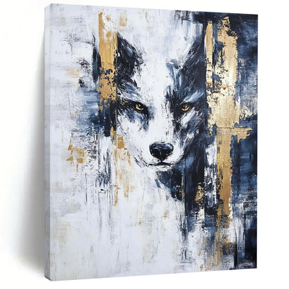 Large contemporary hand-painted abstract artwork featuring blue black white textures with intricate gold accents in a striking modern style. DLZ0359