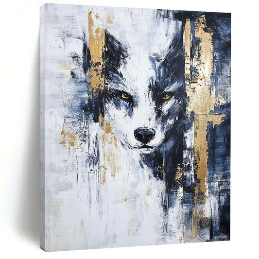 Large contemporary hand-painted abstract artwork featuring blue black white textures with intricate gold accents in a striking modern style. DLZ0359