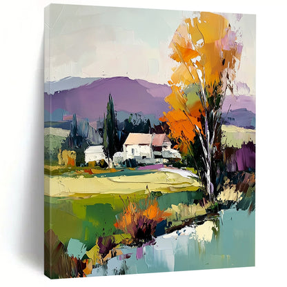 Contemporary abstract painting featuring vibrant trees, a house, and a flowing river under a light blue sky with distant purple mountains. DLZ1588