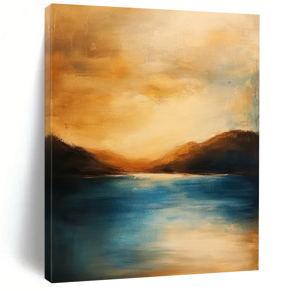 Contemporary abstract painting featuring a serene ocean sunset with soft colors blurred edges tranquil atmosphere and harmonious warm tones. DLZ1111