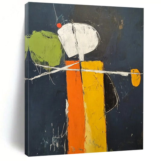 Contemporary hand-painted abstract art featuring a minimalistic orange and yellow figure on a dark blue background with green accents and visible brush strokes DLZ1581