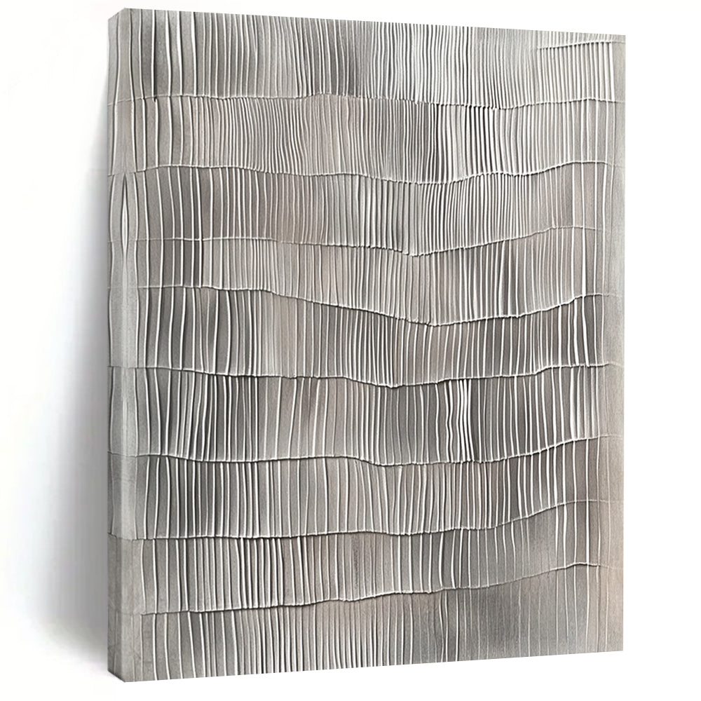 Contemporary hand-painted abstract art features textured gray vertical lines resembling wavy wood surfaces on a neutral gray background. DLZ1481