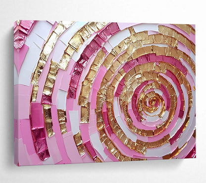 “Pink and Gold Spiral” - Shades of Pink, Gold, White, Layered Spiral Pattern - Mixed - Media Collage HB1727