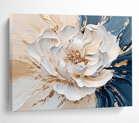 “Elegant Gold - Accented Peony” - White, Gold, Textured Peony Flower Painting On Canvas HB0879