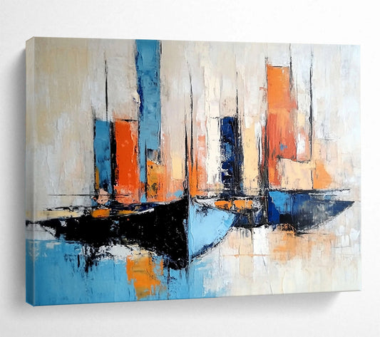 “Colorful Sailboats” - Blues, oranges, whites; Abstract sailboats in a vibrant harbor; Impressionistic Oil Painting On Canvas HB1178