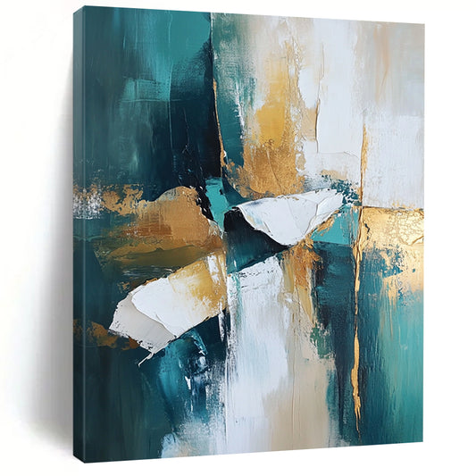 Contemporary abstract painting featuring teal and white tones with gold accents. High-resolution artwork with dramatic lighting and atmospheric quality for stunning visuals. DLZ0444