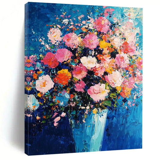 Abstract expressionism captures vibrant pink and blue hues with thick brush strokes and texture, creating a dynamic floral arrangement against an indigo background. DLZ1277
