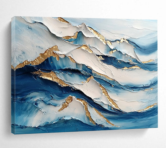 “Layered Wave Textures” - Blue, White, Gold, Layered Wave Textures Painting On Canvas HB0973