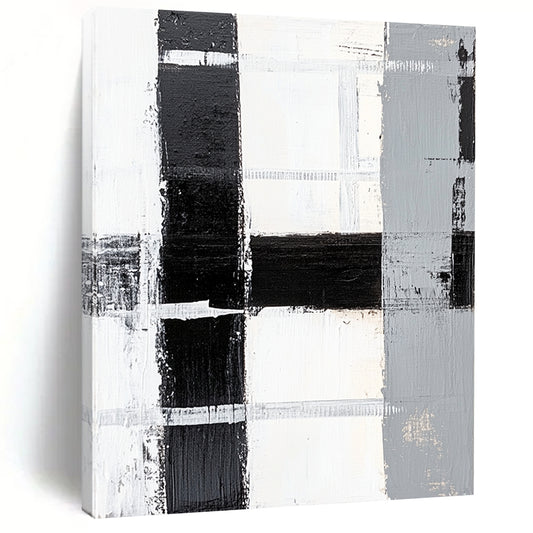 Black, White, Gray, Patchwork Squares "Monochrome Patchwork" Abstract Minimalist Painting On Canvas HB160