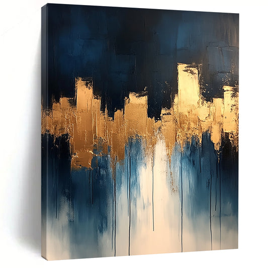 Contemporary abstract painting features dripping white and gold paint on canvas with vibrant blue tones and metallic gold leaf accents. DLZ0333