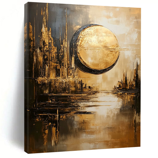 Contemporary abstract artwork features a dystopian cityscape with a sun and moon in gold and gray hues reflecting on water in a dreamy atmosphere. DLZ1094