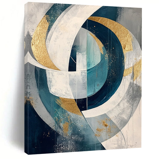 Teal, White, Gray and Gold Intertwined Circles "Celestial Loops" Painting On Canvas HB320