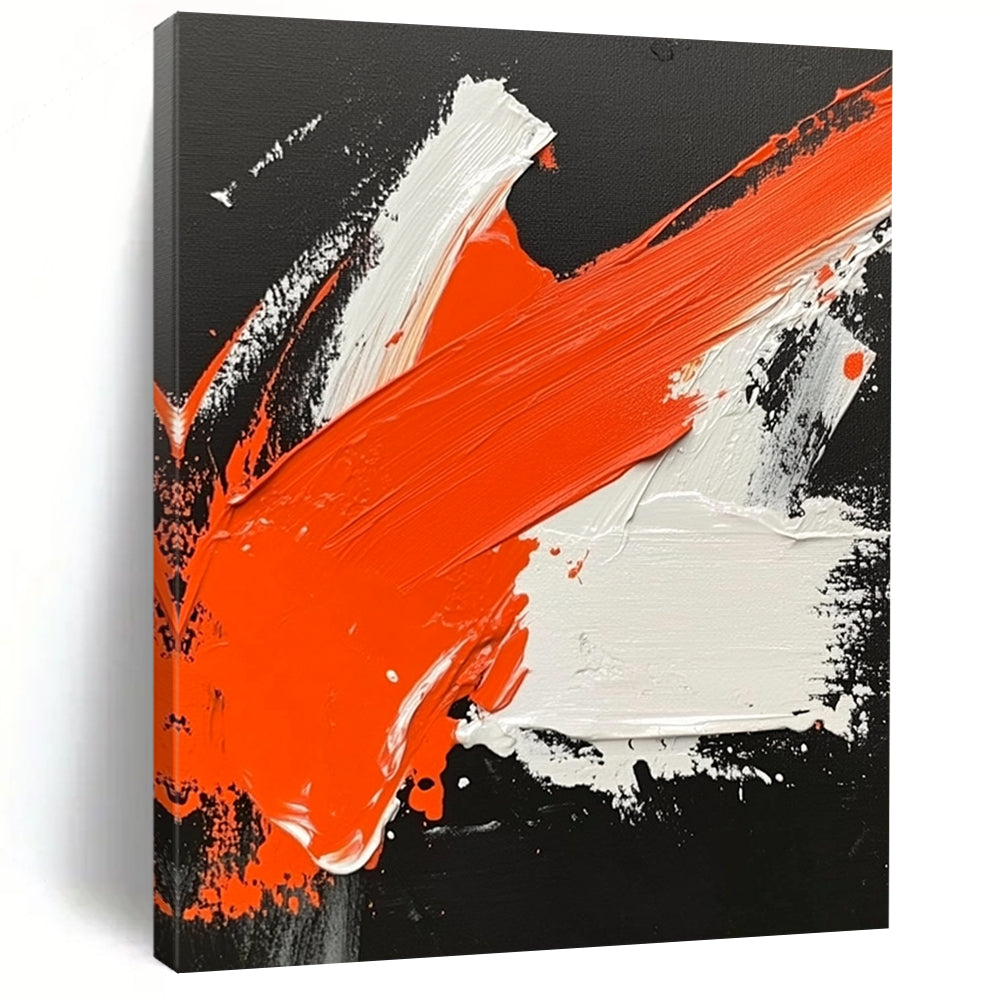 Contemporary hand-painted abstract artwork featuring dynamic orange and white strokes on a striking black background inspired by Wu Guanzhong. DLZ0499