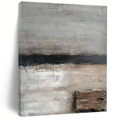Contemporary hand-painted abstract art featuring shades of gray and white with textured wood and hints of dark blue for a serene aesthetic. DLZ0925