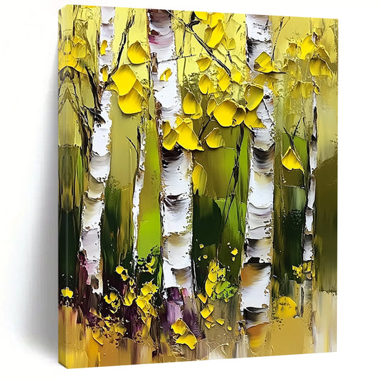 Contemporary abstract artwork featuring vibrant birch trees with thick brushstrokes, palette knife technique, and bright yellow and green foliage against striking white bark. DLZ1105