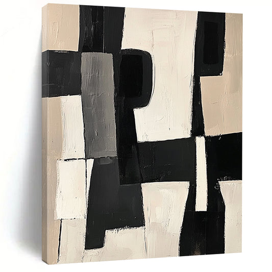 Large contemporary hand-painted abstract artwork featuring black and white shapes with bold brush strokes on a beige background in a modern cubist style. DLZ1409