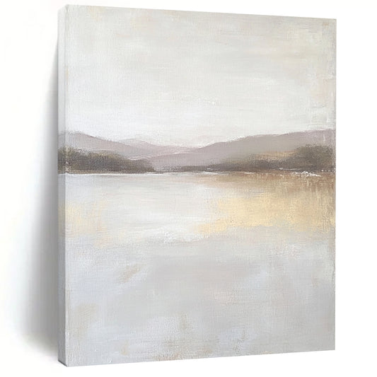 Contemporary abstract painting featuring a large lake in muted beige and gray tones with textured canvas and distant hills in the background. DLZ0415