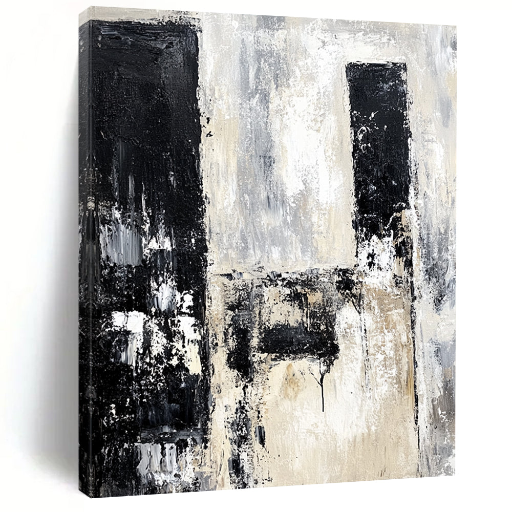 Contemporary hand-painted abstract artwork depicting urban ruins in black and white with neutral tones using vintage oil paint. DLZ0665
