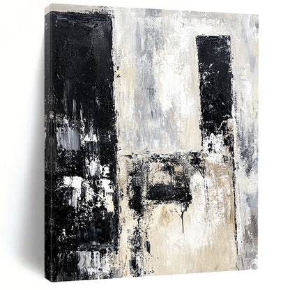 Contemporary hand-painted abstract artwork depicting urban ruins in black and white with neutral tones using vintage oil paint. DLZ0665