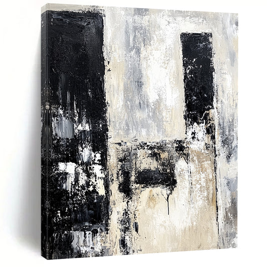 Contemporary hand-painted abstract artwork depicting urban ruins in black and white with neutral tones using vintage oil paint. DLZ0665