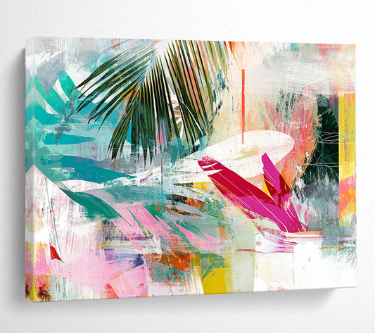 “Colorful Tropical Leaf Collage” - Colorful Palette, Tropical Leaves, Abstract Collage Painting On Canvas HB0854