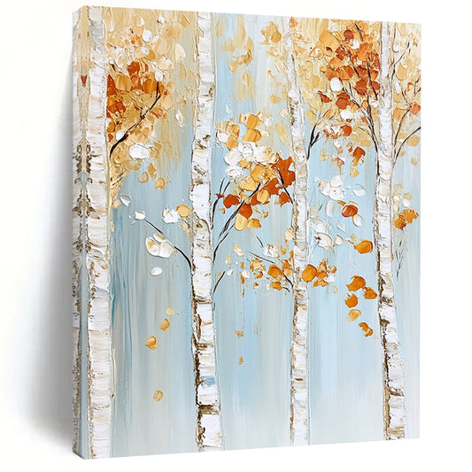 Contemporary abstract painting features birch trees with gold and white leaves on a light blue background with white trunks and orange flowers. DLZ0612