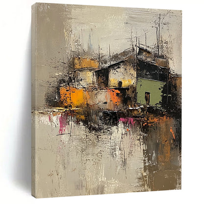 Contemporary abstract artwork featuring an old village in muted grey and brown, highlighted with vibrant green, yellow, orange, and pink textures. DLZ0961