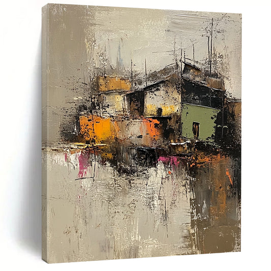 Contemporary abstract artwork featuring an old village in muted grey and brown, highlighted with vibrant green, yellow, orange, and pink textures. DLZ0961