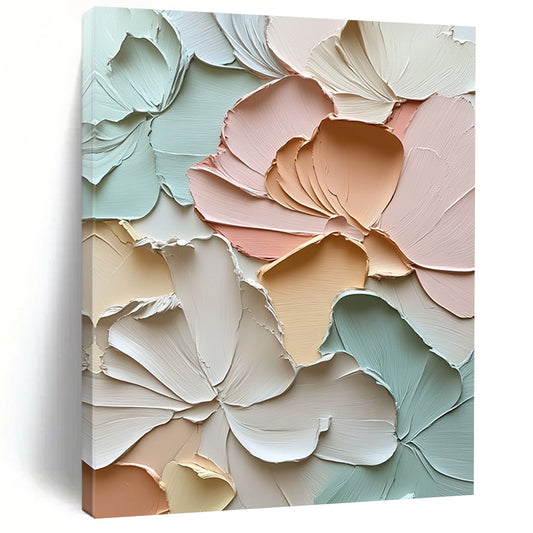 Large contemporary abstract floral artwork featuring textured petals and leaves in soft pastels exuding tranquility and depth through impasto strokes. DLZ1184