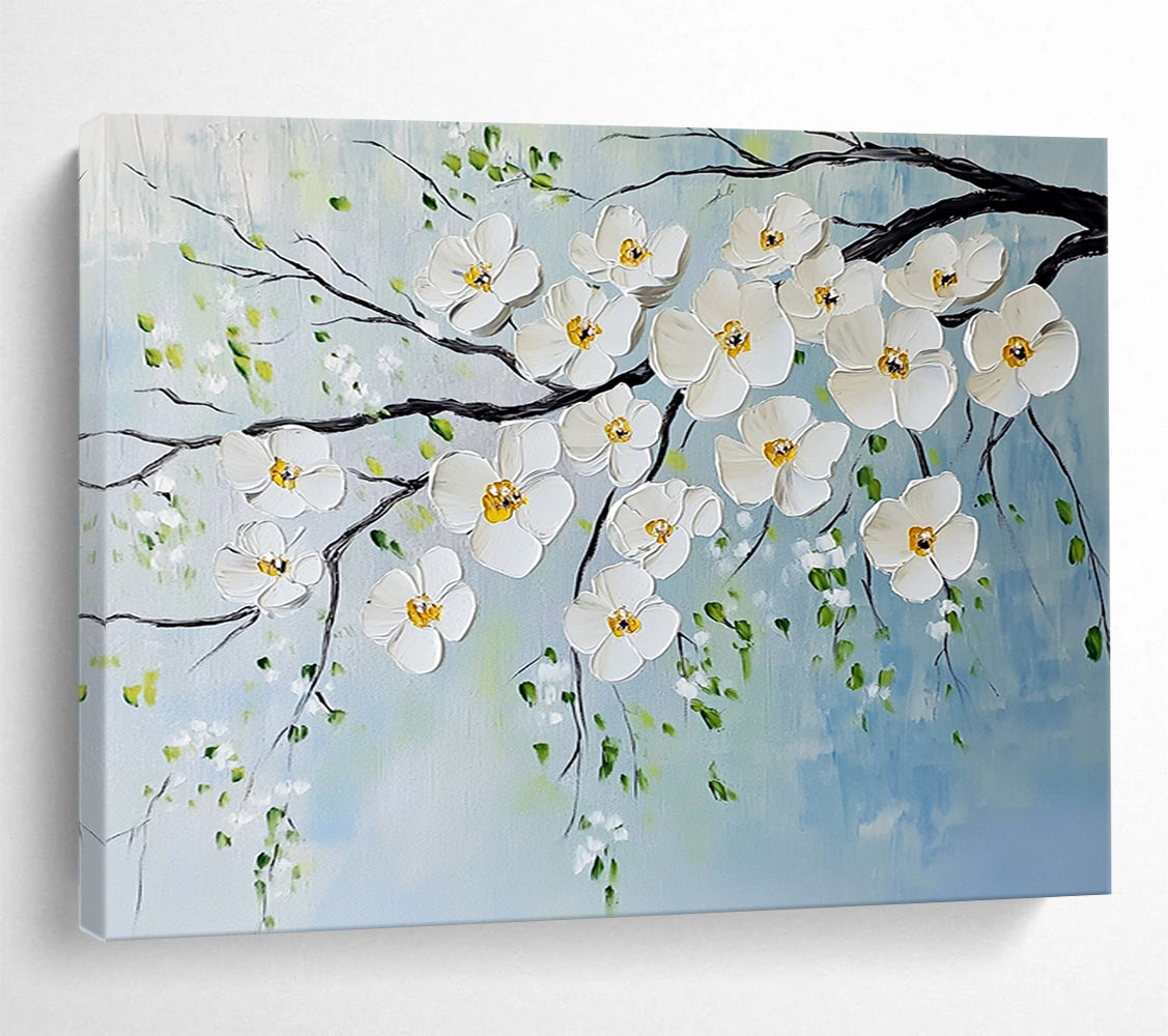 “White Blossoms on Branches” - White, Yellow, Green, Blue, White Blossoms on Branches - Impasto Oil Painting HB1785
