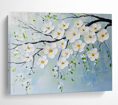 “White Blossoms on Branches” - White, Yellow, Green, Blue, White Blossoms on Branches - Impasto Oil Painting HB1785