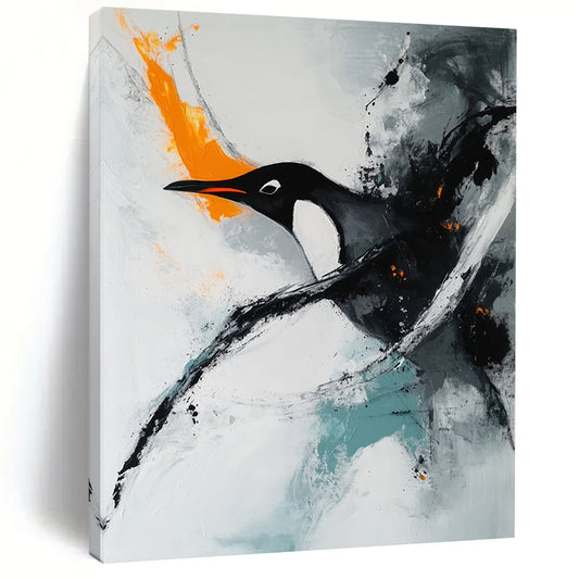 Contemporary hand-painted abstract art featuring a minimalist composition with soft edges showcasing a penguin swimming on a white background accentuated by orange tones. DLZ0551