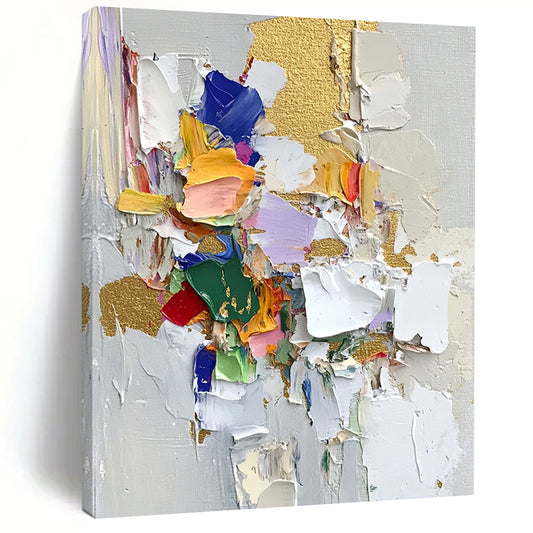 Contemporary abstract artwork featuring palette knife textures thick brush strokes and vibrant fabric pieces on textured paper with gold leaf highlights. DLZ0716