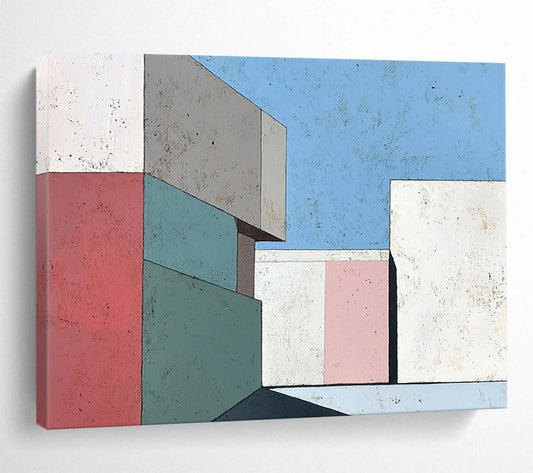 “Pastel Geometric Architecture” - Pink, Green, Blue, Abstract Buildings - Modernist Acrylic Painting HB1499