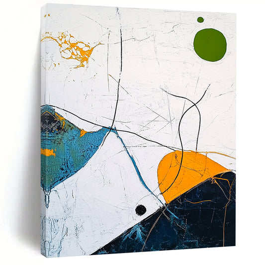 Contemporary abstract artwork featuring a white sky, light blue and dark green lines, a yellow outlined circle, an orange oval, and a green dot. DLZ0609
