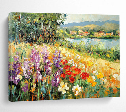 Flower - Filled Riverbank with Village View - Impressionistic Landscape Painting On Canvas HB0450