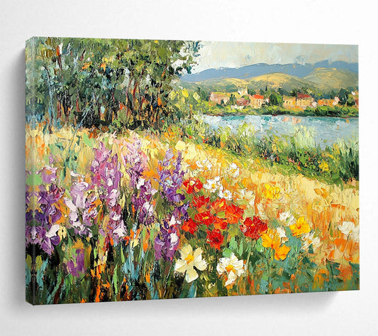 Flower - Filled Riverbank with Village View - Impressionistic Landscape Painting On Canvas HB0450