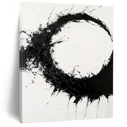 Black Splattered Circular Ink - “Dynamic Enso Energy” Painting On Canvas HB231