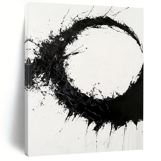 Black Splattered Circular Ink - “Dynamic Enso Energy” Painting On Canvas HB231