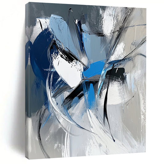 Large contemporary hand-painted abstract art featuring dynamic white gray and blue shapes with bold brushstrokes and a vibrant urban energy. DLZ1008