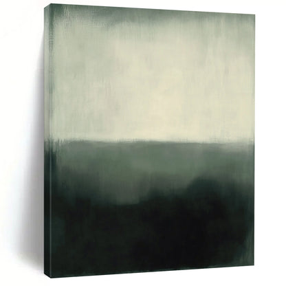 Abstract expressionism in muted gray and white tones featuring heavy brush strokes and a hazy atmosphere against a dark green background. DLZ1033