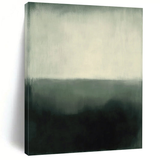 Abstract expressionism in muted gray and white tones featuring heavy brush strokes and a hazy atmosphere against a dark green background. DLZ1033