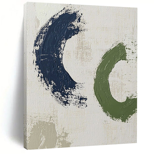 Contemporary abstract artwork featuring bold brush strokes in dark blue and green, creating minimalistic shapes on a white background. DLZ1625