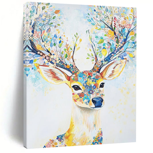 Abstract contemporary artwork features a majestic deer adorned with floral antlers in light blue and yellow tones set against a dreamy white canvas. DLZ1245