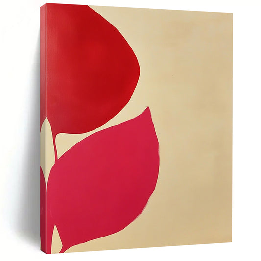 Large contemporary hand-painted abstract artwork featuring red and white colors with minimal shapes and organic forms against a light beige background. DLZ1447