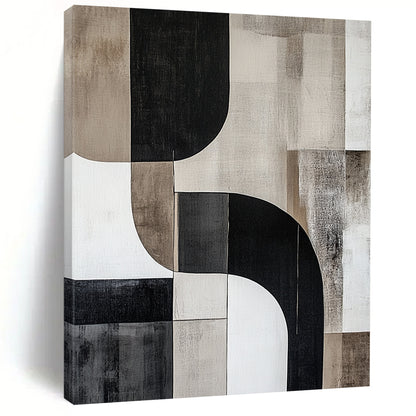 Contemporary abstract artwork features curved shapes and lines in cool grays with striking contrasts, creating a minimalist depth without any text. DLZ0856