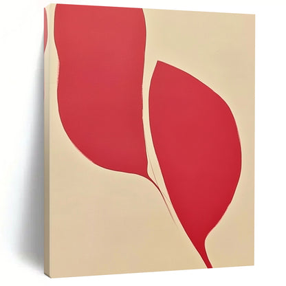 Contemporary abstract art featuring a symmetrical design with two petal-like shapes in red and pink against a white background, showcasing elegant curves and vibrant colors. DLZ1450