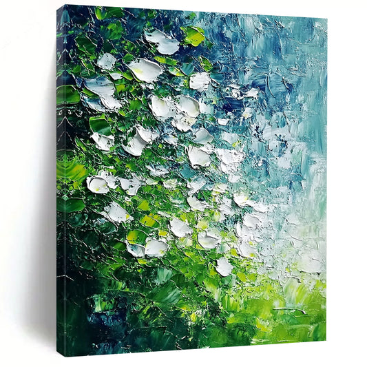 Contemporary abstract art featuring white flowers and emerald green leaves with a tranquil water effect, inspired by Monet and Van Gogh's styles. DLZ1740